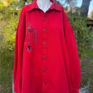 Vintage Red Button-Up Shirt with Native American Design